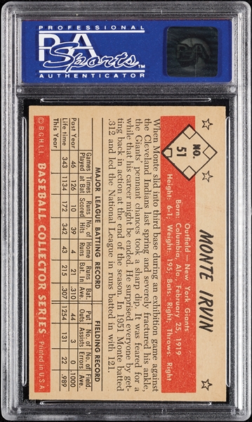 1953 Bowman Color Monte Irvin No. 51 PSA 8