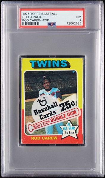 1975 Topps Baseball Cello Pack - Rod Carew Top (Graded PSA 7)