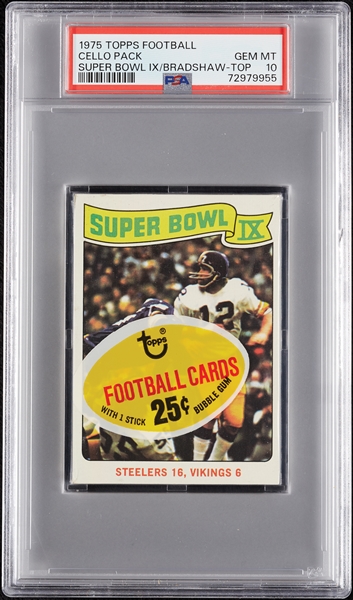 1975 Topps Football Cello Pack - Super Bowl IX Terry Bradshaw Top (Graded PSA 10)