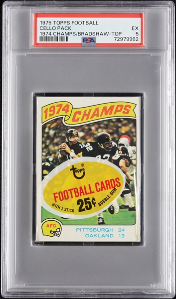 1975 Topps Football Cello Pack - 1974 Champs Terry Bradshaw Top (Graded PSA 5)