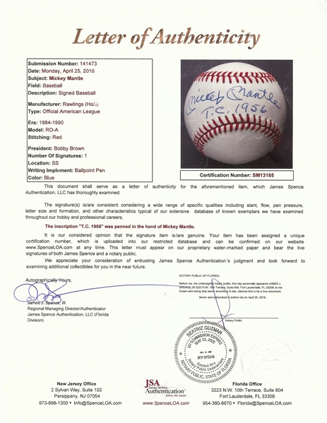 Mickey Mantle Signed OAL Baseball Inscribed T.C. 1956 (JSA)