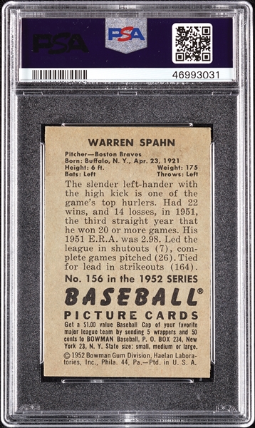 1952 Bowman Warren Spahn No. 156 PSA 8.5