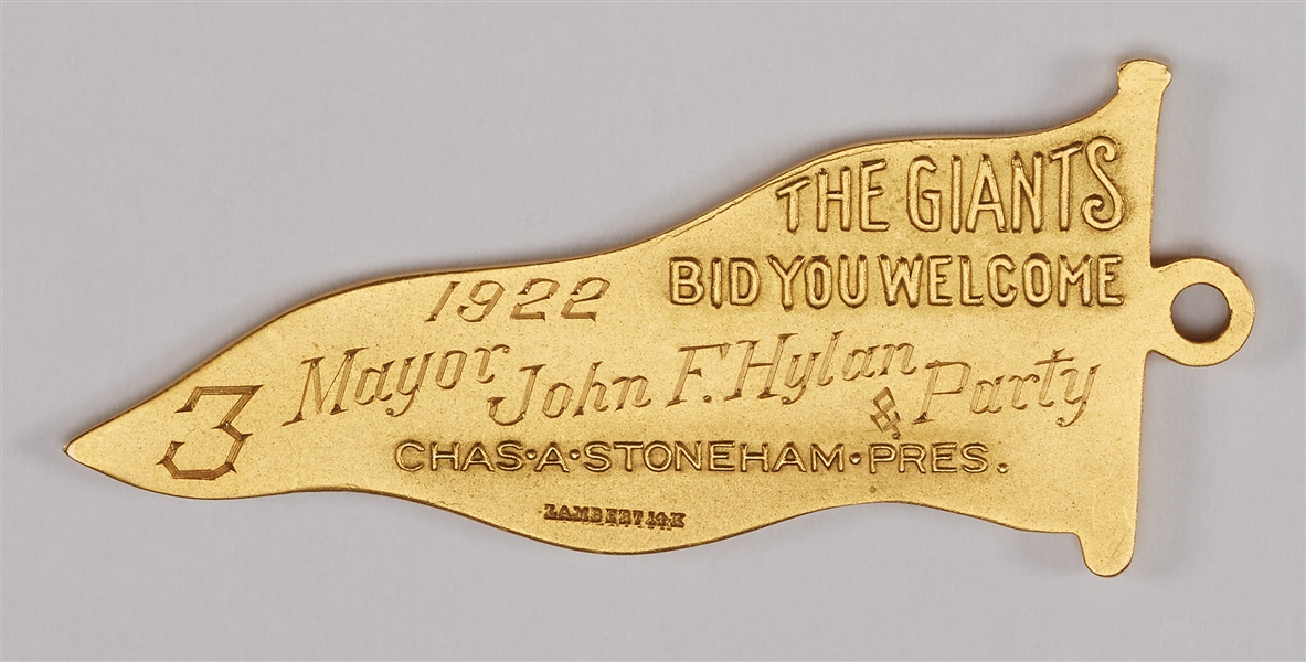 1922 New York Giants 14K Gold Season Pass Pennant Pendant Given to NYC Mayor