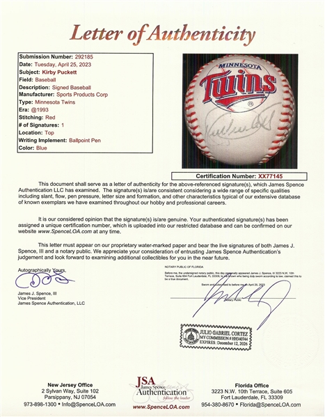 Kirby Puckett Single-Signed Twins Logo Baseball (JSA)