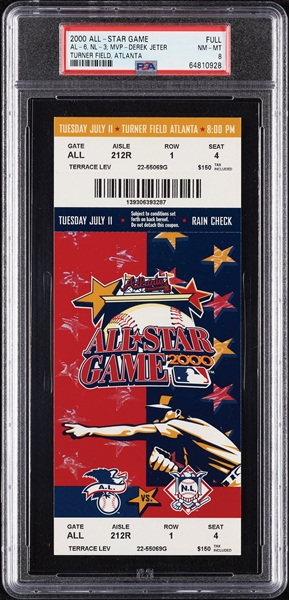 2000 MLB All-Star Game Full Ticket - Derek Jeter MVP (Graded PSA 8)