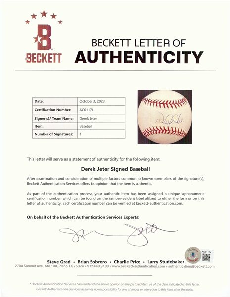 Derek Jeter Single-Signed OAL Baseball (MLB) (Steiner) (BAS)