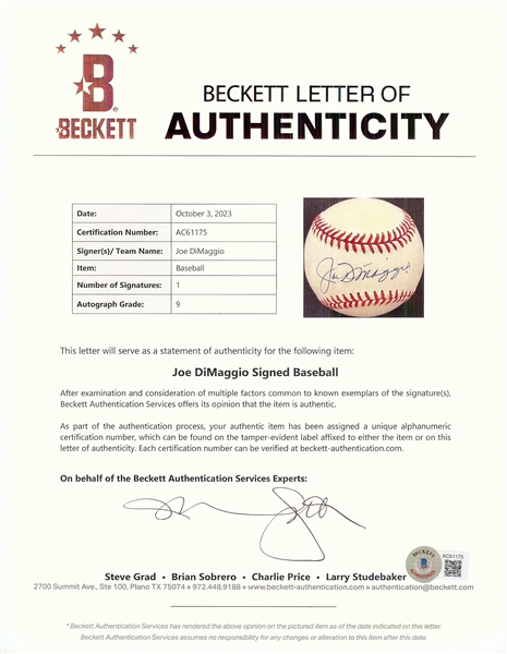 Joe DiMaggio Single-Signed OAL Baseball (Graded BAS 9)