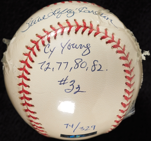 Steve Carlton Signed STAT Baseball with Multiple Inscriptions (74/329) (BAS)