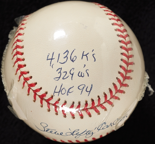 Steve Carlton Signed STAT Baseball with Multiple Inscriptions (74/329) (BAS)