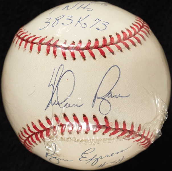 Nolan Ryan Signed STAT Baseball with Multiple Inscriptions (74/324) (BAS)