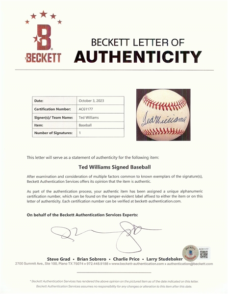 Ted Williams Single-Signed OAL Baseball (Green Diamond) (BAS)