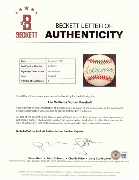 Ted Williams Single-Signed OAL Baseball (Green Diamond) (BAS)