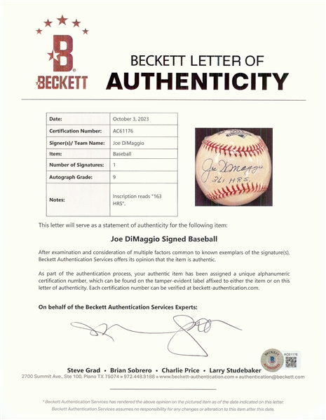 Joe DiMaggio Single-Signed OAL Baseball 361 HRs (198/361) (Graded BAS 9)
