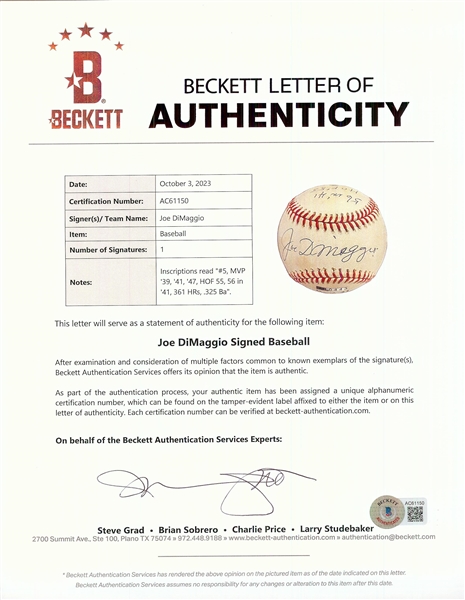 Joe DiMaggio Single-Signed OAL Baseball with Multiple Inscriptions (9/41) (BAS)