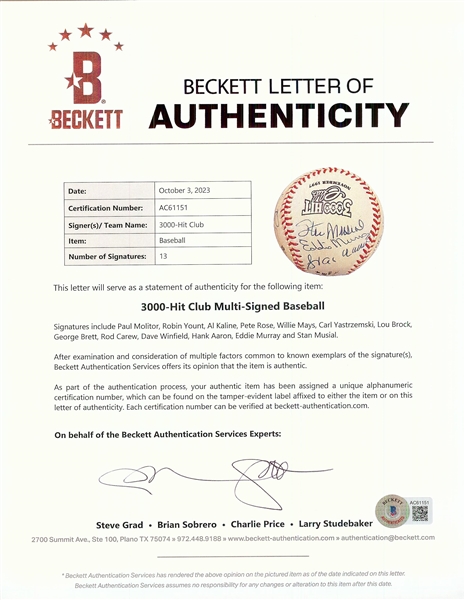 3,000 Hit Club Multi-Signed ONL Baseball (49/125) (BAS)