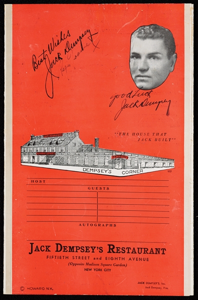 Jack Dempsey & Regis Toomey Signed 1939 Restaurant Menu (PSA/DNA)