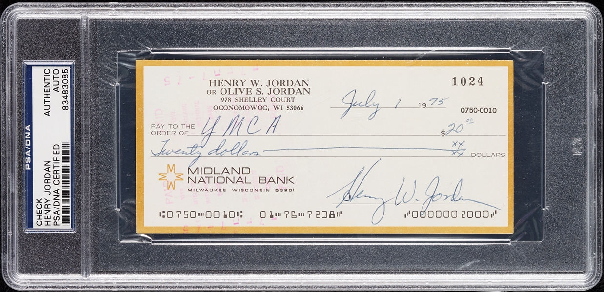 Henry Jordan Signed Check (PSA/DNA)