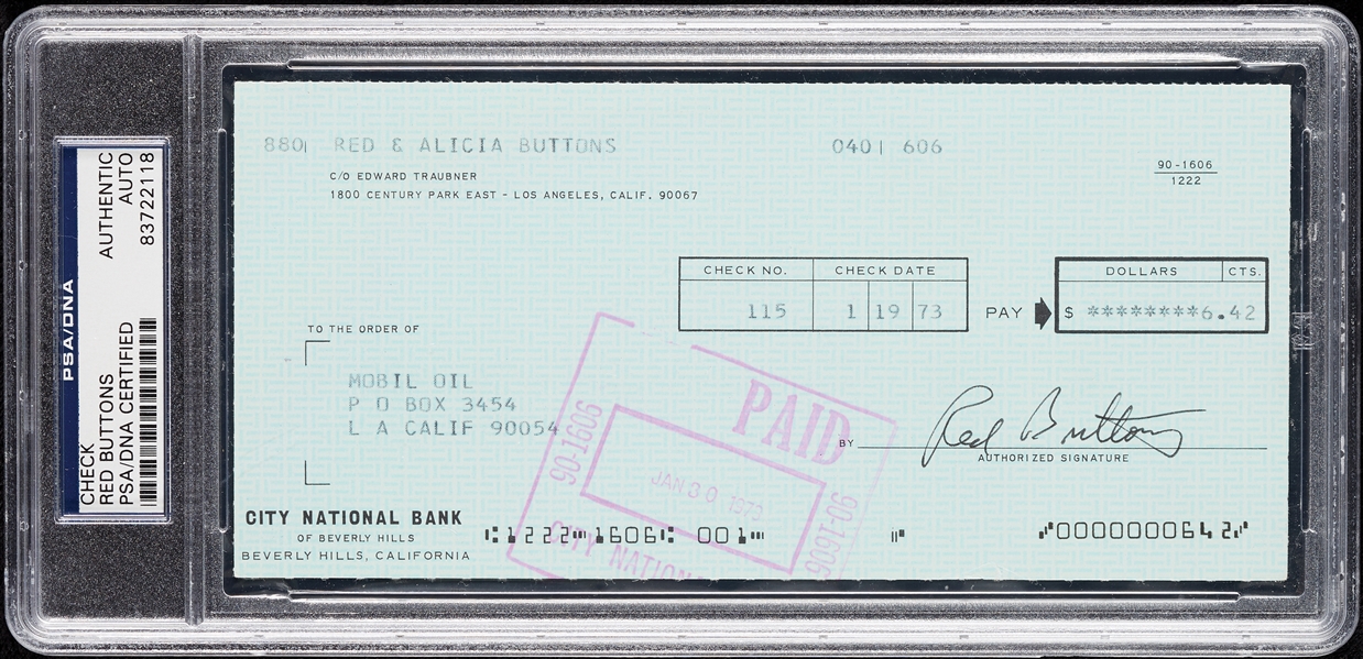 Red Buttons Signed Check (PSA/DNA)