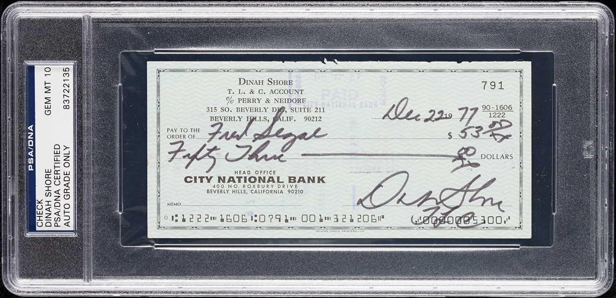 Dinah Shore Signed Check (Graded PSA/DNA 10)