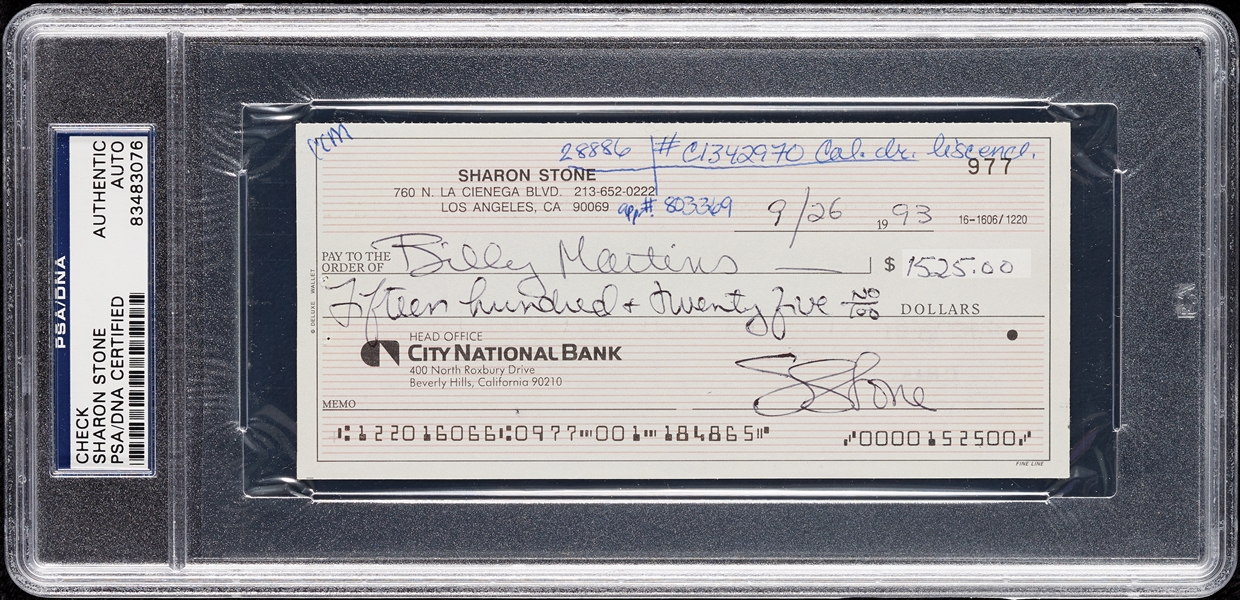 Sharon Stone Signed Check (PSA/DNA)