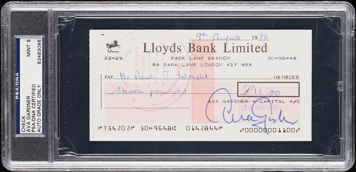 Ava Gardner Signed Check (Graded PSA/DNA 9)