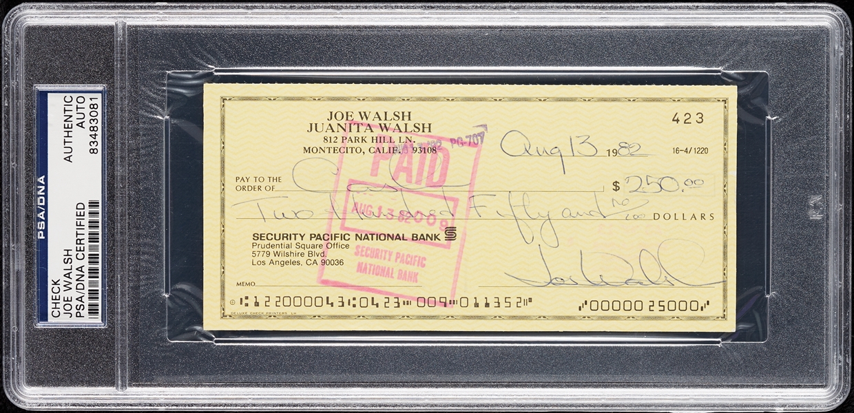 Joe Walsh Signed Check (PSA/DNA)