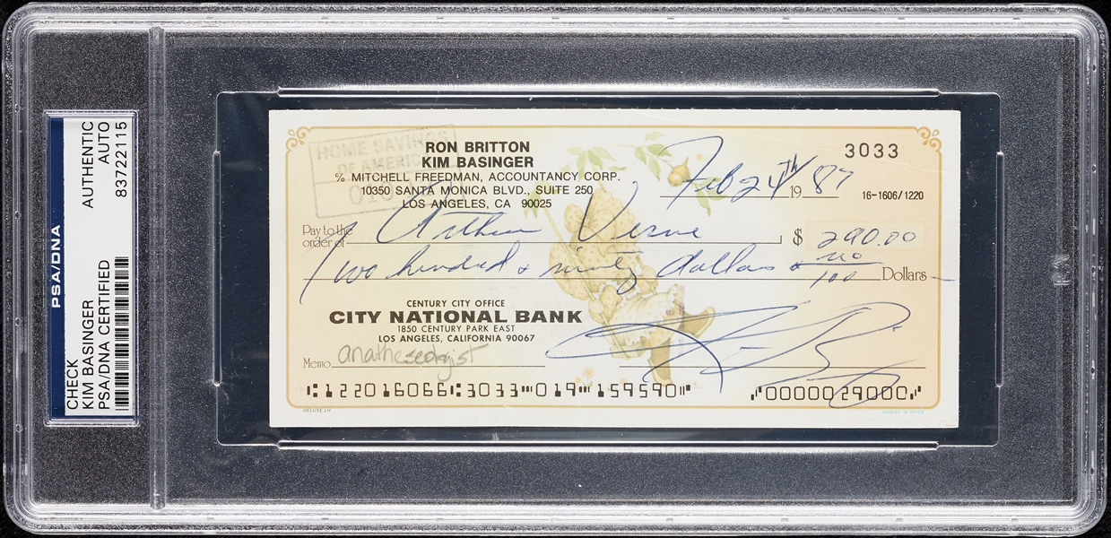 Kim Basinger Signed Check (PSA/DNA)