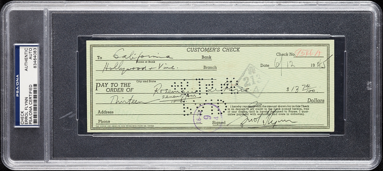 Errol Flynn Signed Check (PSA/DNA)