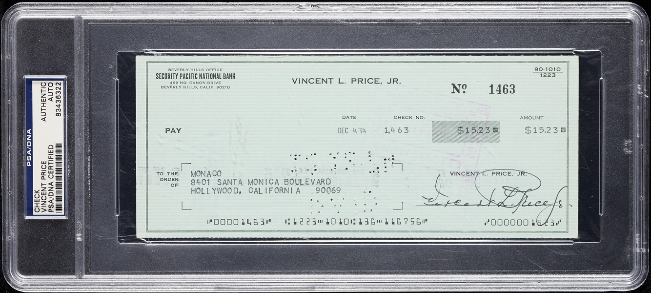 Vincent Price Signed Check (PSA/DNA)