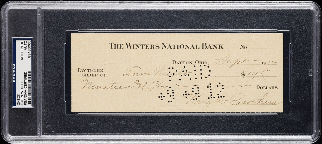 Lorin Wright Wright Brothers Signed Check (PSA/DNA)