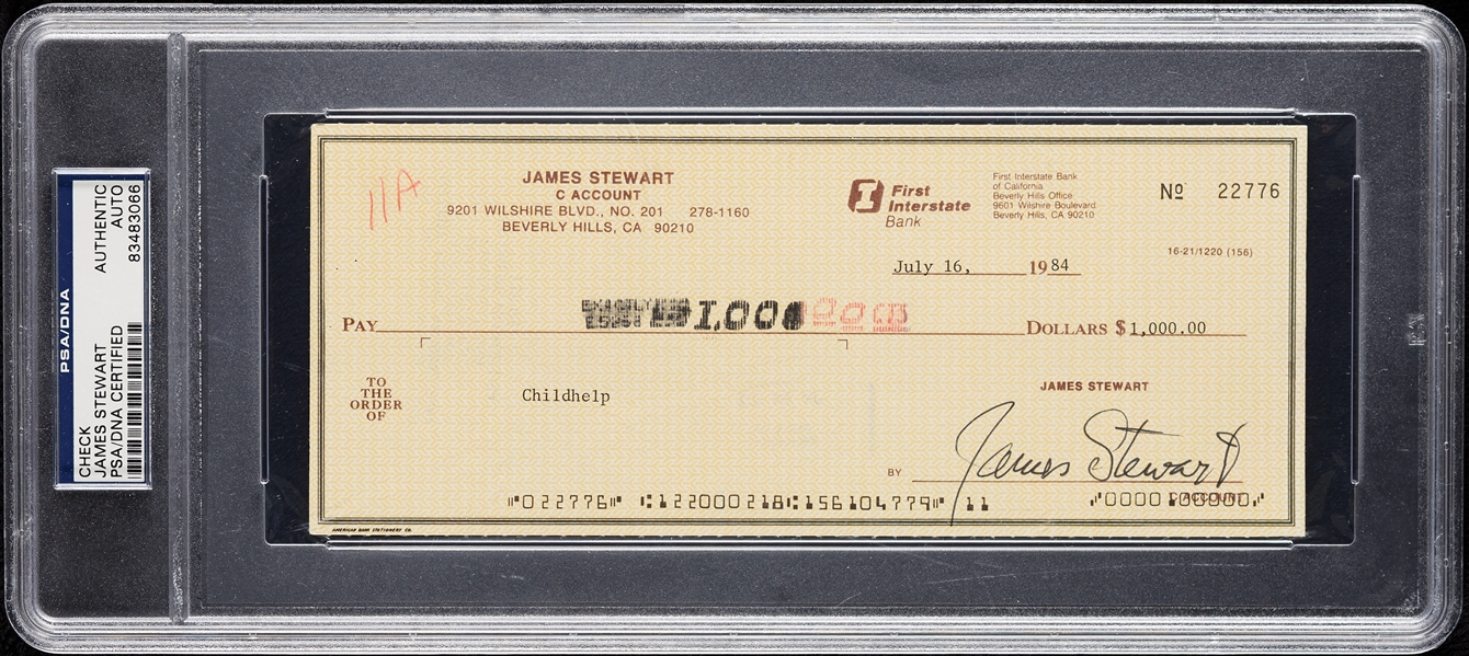 James Stewart Signed Check (PSA/DNA)