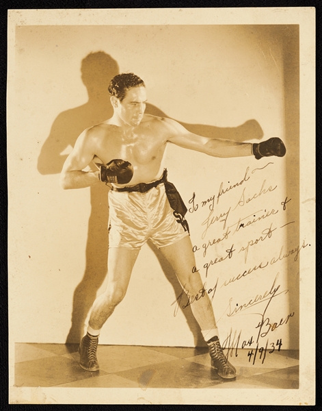 Max Baer Signed 8x10 Photo Inscribed to Trainer Jerry Sachs (PSA/DNA)