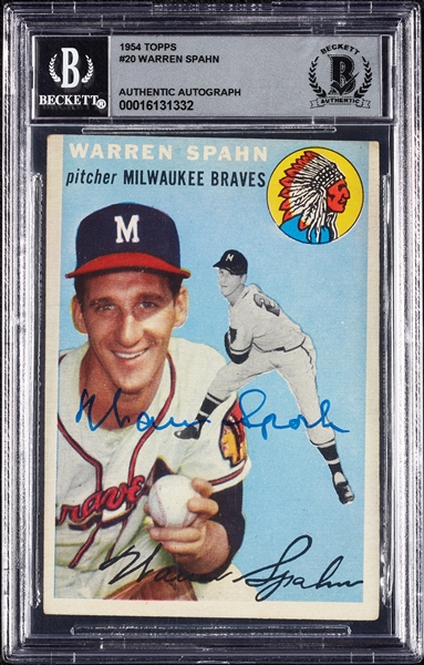 Warren Spahn Signed 1954 Topps No. 20 (Graded BAS 10)