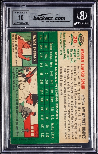 Warren Spahn Signed 1954 Topps No. 20 (Graded BAS 10)