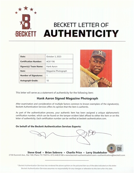 Hank Aaron Signed Magazine Photo (Graded BAS 10)