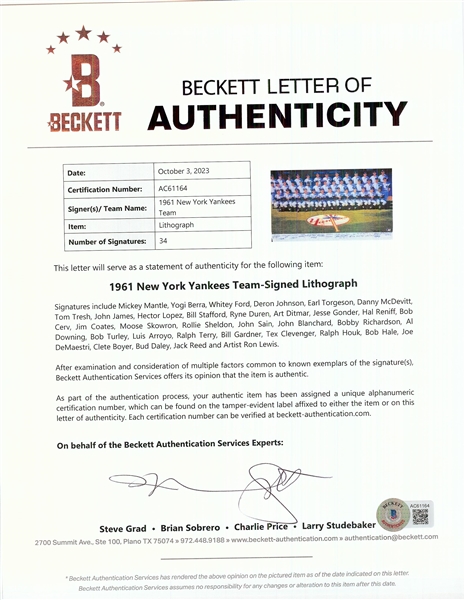 1961 New York Yankees Signed Ron Lewis Lithograph with Mickey Mantle (525/1000) (BAS)