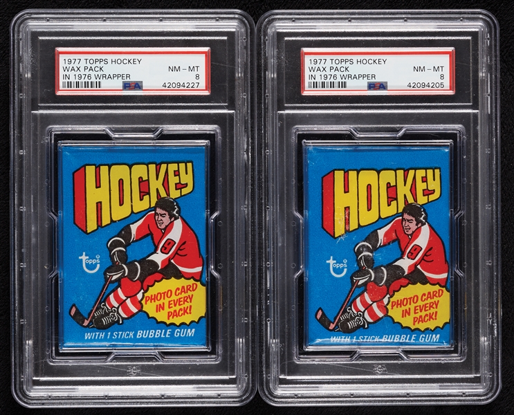 1977 Topps Hockey Wax Pack in 1976 Wrapper Pair (Graded PSA 8) (2)