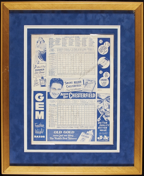 Ted Williams Signed 1950 Boston vs. New York Scorecard in Frame (BAS)