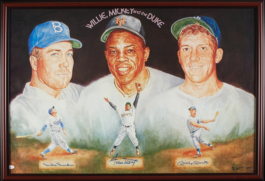 Mickey Mantle, Willie Mays & Duke Snider Signed 24x36 Poster (JSA)