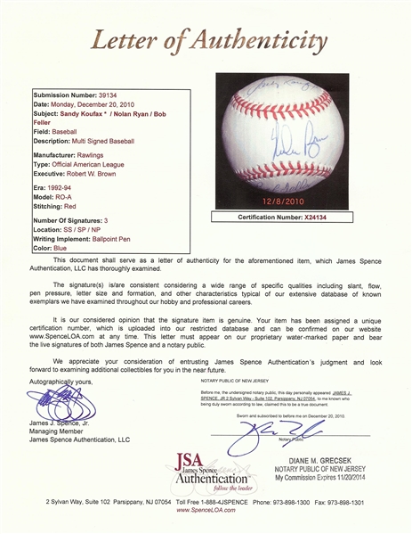 Sandy Koufax, Nolan Ryan & Bob Feller Signed ONL Baseball (JSA)