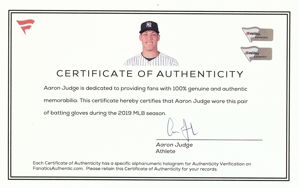 Aaron Judge 2019 Game-Used & Signed Adidas Batting Gloves (MLB) (Fanatics)