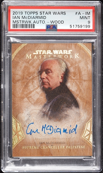 Ian McDiarmid Signed 2019 Topps Star Wars Masterwork Auto Wood (3/10) PSA 9