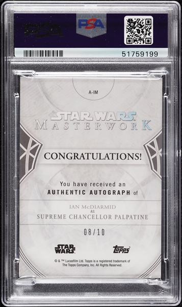 Ian McDiarmid Signed 2019 Topps Star Wars Masterwork Auto Wood (3/10) PSA 9