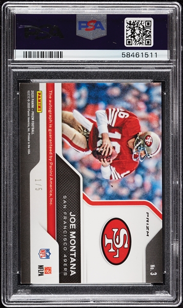 2020 Panini Prizm Joe Montana Franchise Legends Signatures Green Scope (1/5) PSA 9