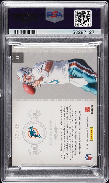 2011 Playoff National Treasures Dan Marino HOF Patch Autographs (32/45) PSA 10