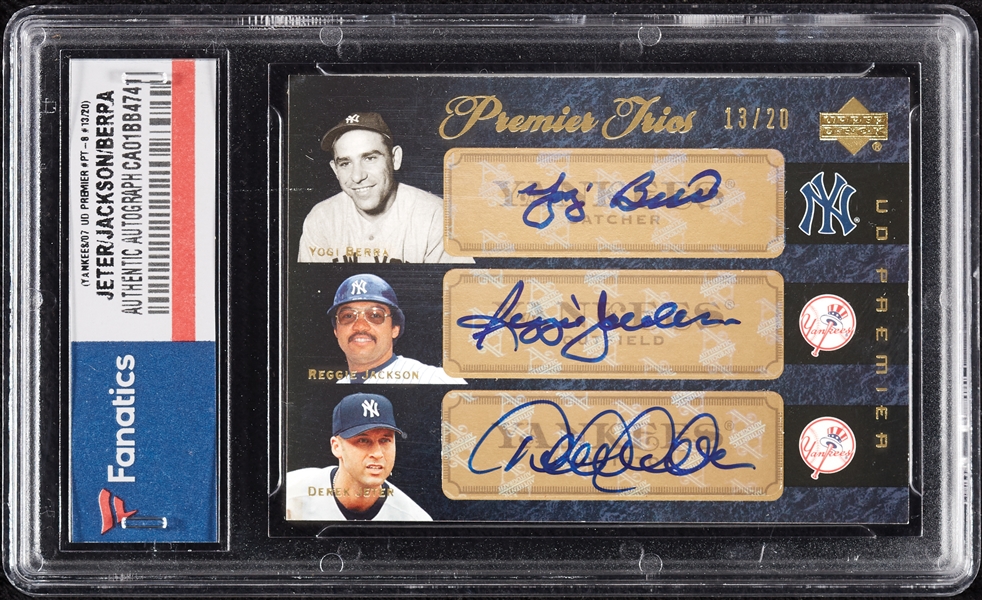 2007 UD Premier Yogi Berra/Reggie Jackson/Derek Jeter Premier Trios Autos (13/20) (Fanatics)