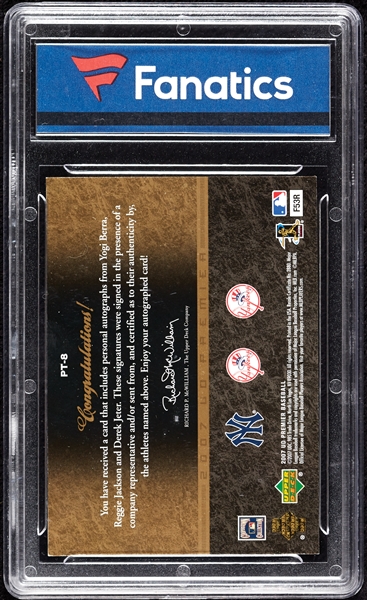 2007 UD Premier Yogi Berra/Reggie Jackson/Derek Jeter Premier Trios Autos (13/20) (Fanatics)