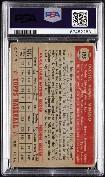 1952 Topps Minnie Minoso RC No. 195 PSA 1