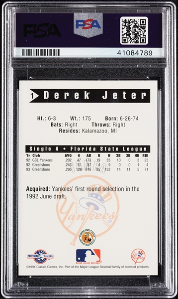 1994 Classic Derek Jeter Tampa Yankees No. 1 PSA 10