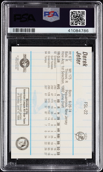 1994 Fleer ProCards Derek Jeter Florida League All-Stars No. 22 PSA 10